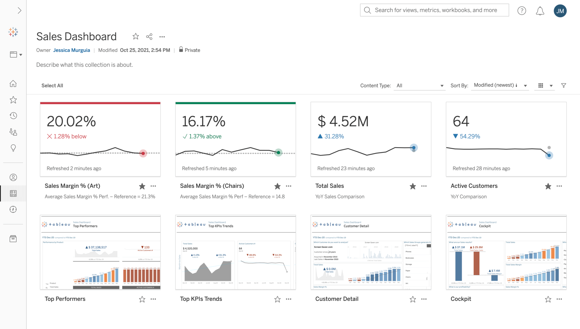 Within the Tableau interface, a selection of Metrics are shown with new color indicators and appearing in a Collection related to sales dashboards