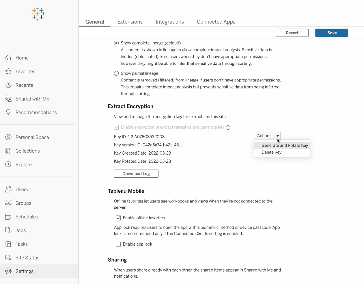 Tableau Cloud settings interface, where a site administrator is selecting an action in the Extract Encryption section to generate and rotate customer-managed encryption keys.